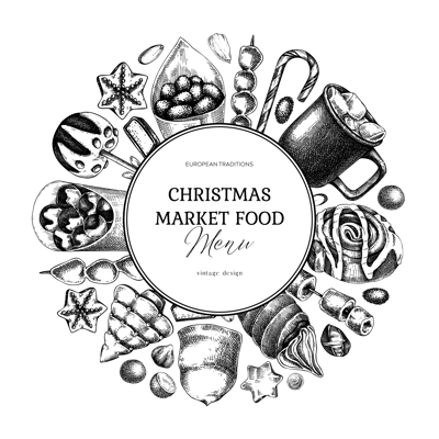 Christmas food background. Christmas market design template. Holiday menu wreath. Sweet food, pastries, candies and hot drink sketches. Hand drawn vector illustration. 